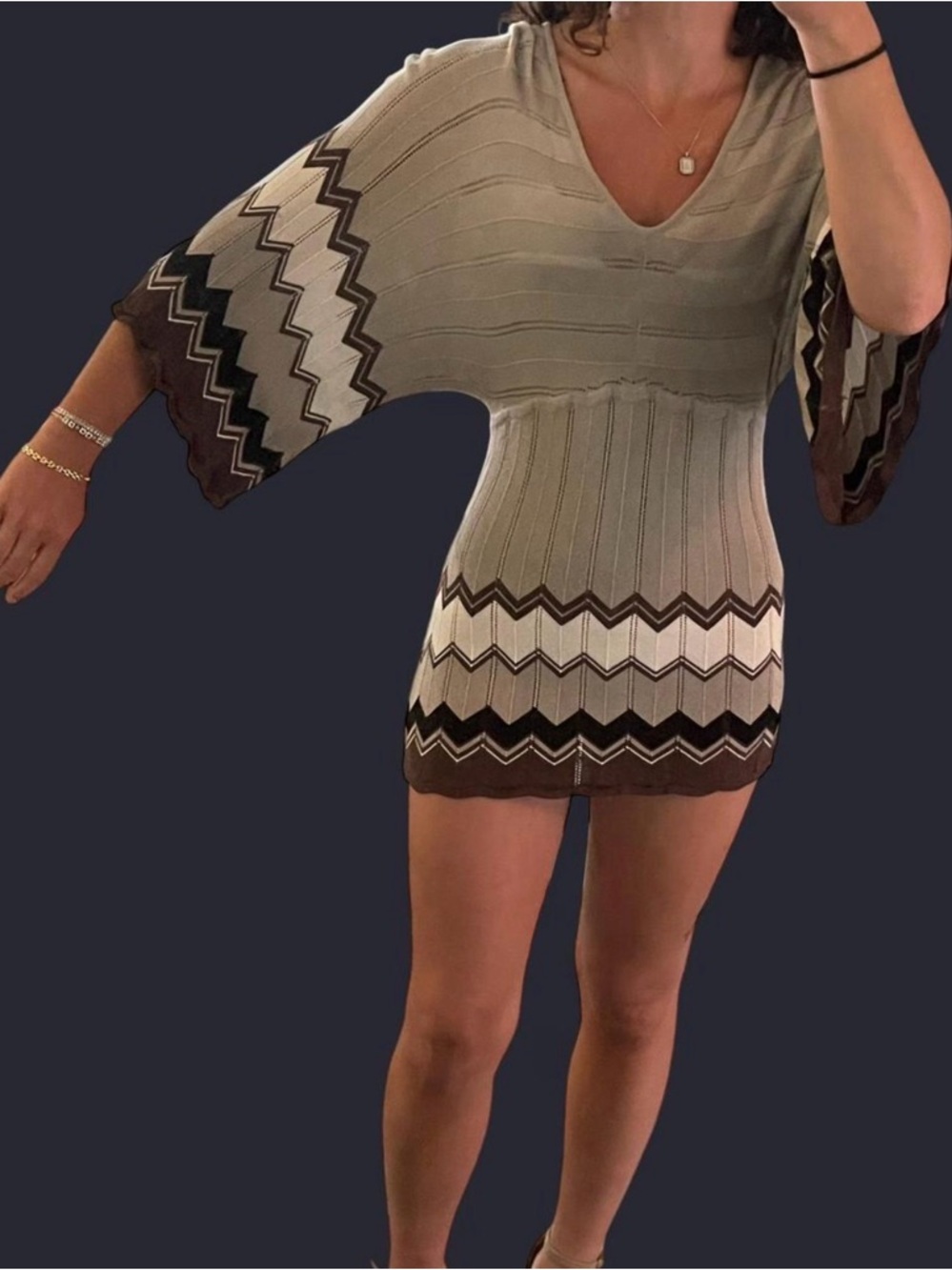 Y2K V-Neck Chevron Knit Mini Dress in Taupe & Chocolate XS
